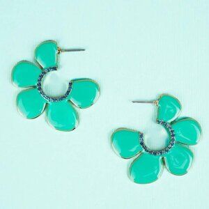Teal Enamel Flower Shaped Charming Hoop Earrings NWT
